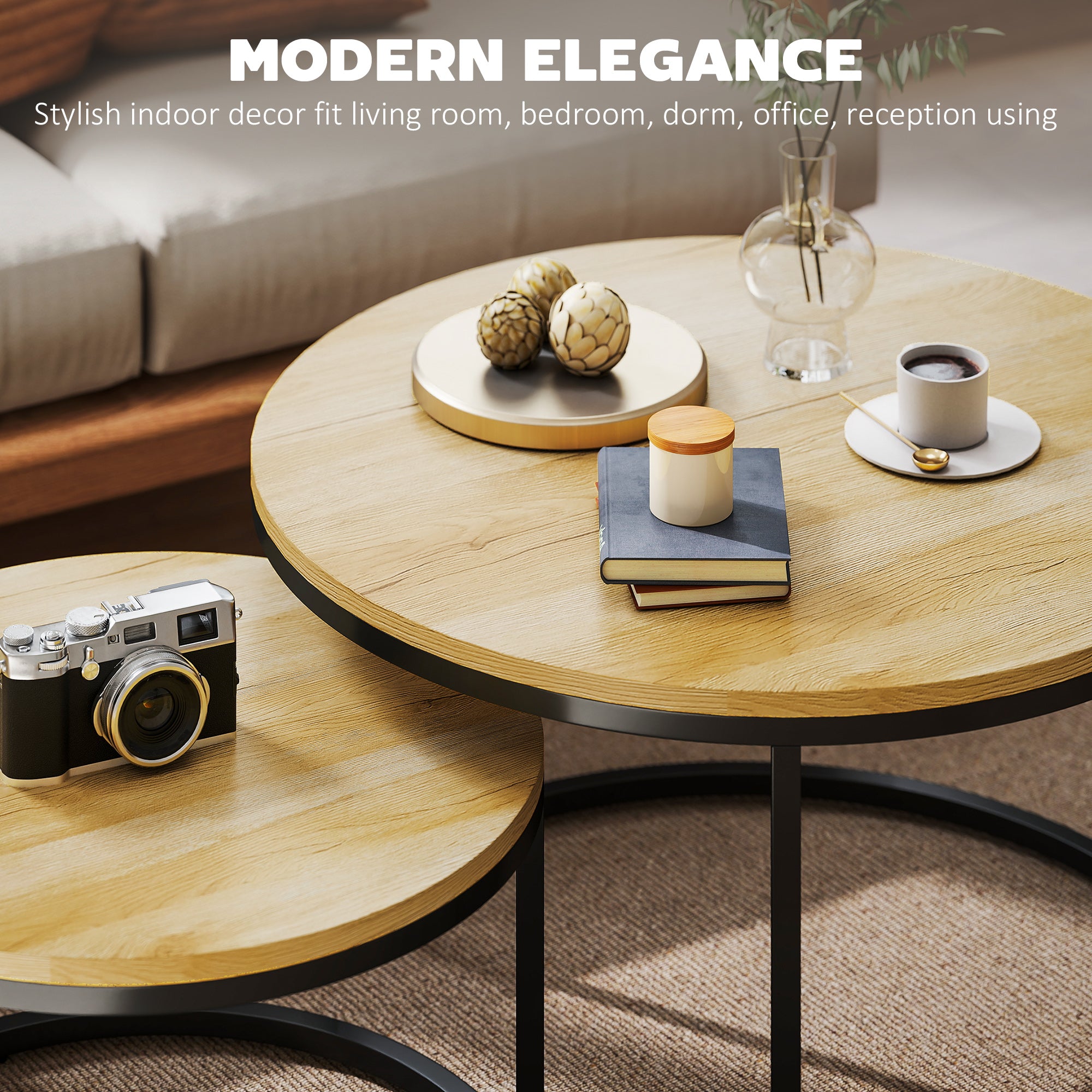 Set Of Two Wood-Effect Stacking Tables - Natural