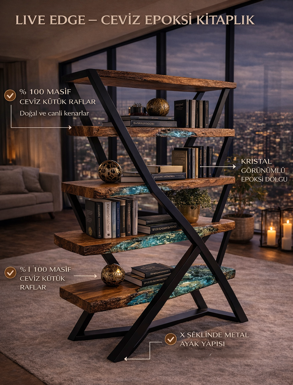 Lumera Shelf – Solid Walnut Epoxy Design Luxury Bookcase
