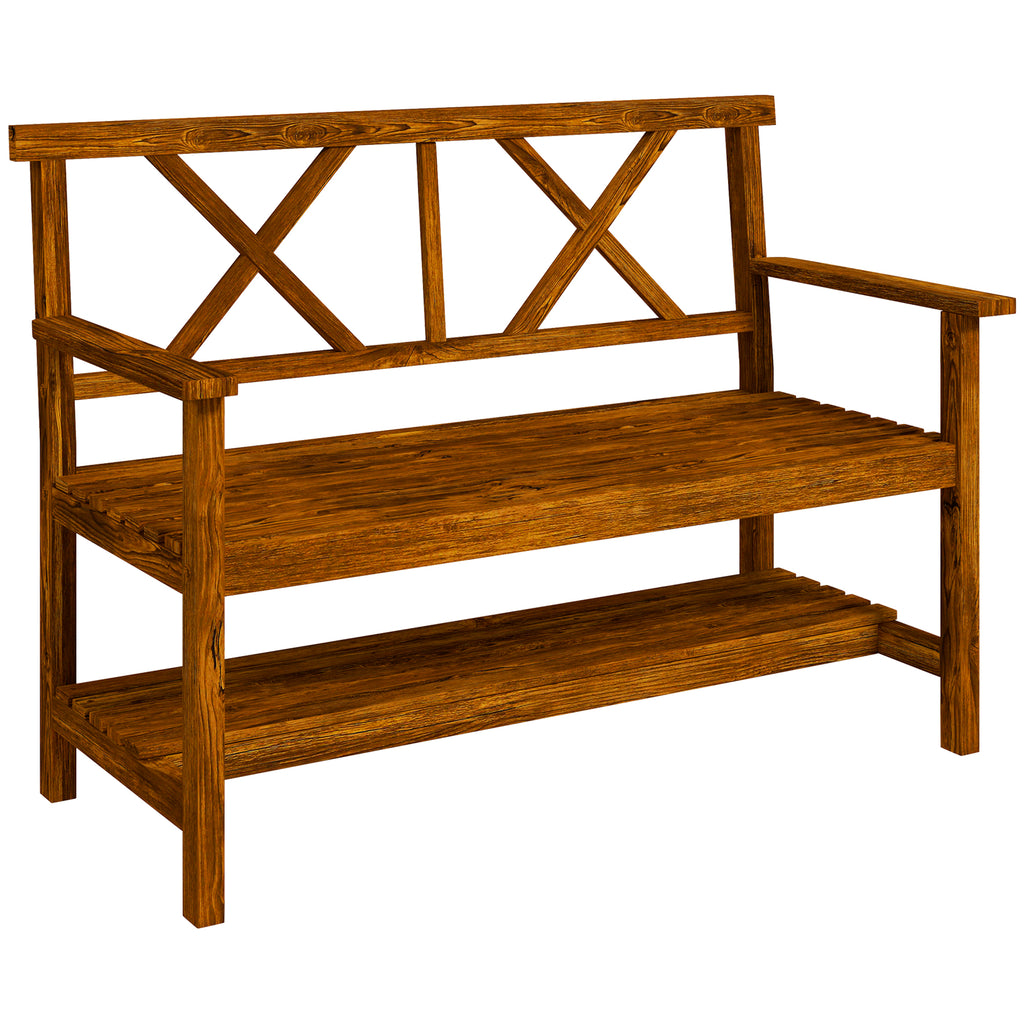 Two-Seater Fir Wood Bench, With Bottom Shelf - Natural