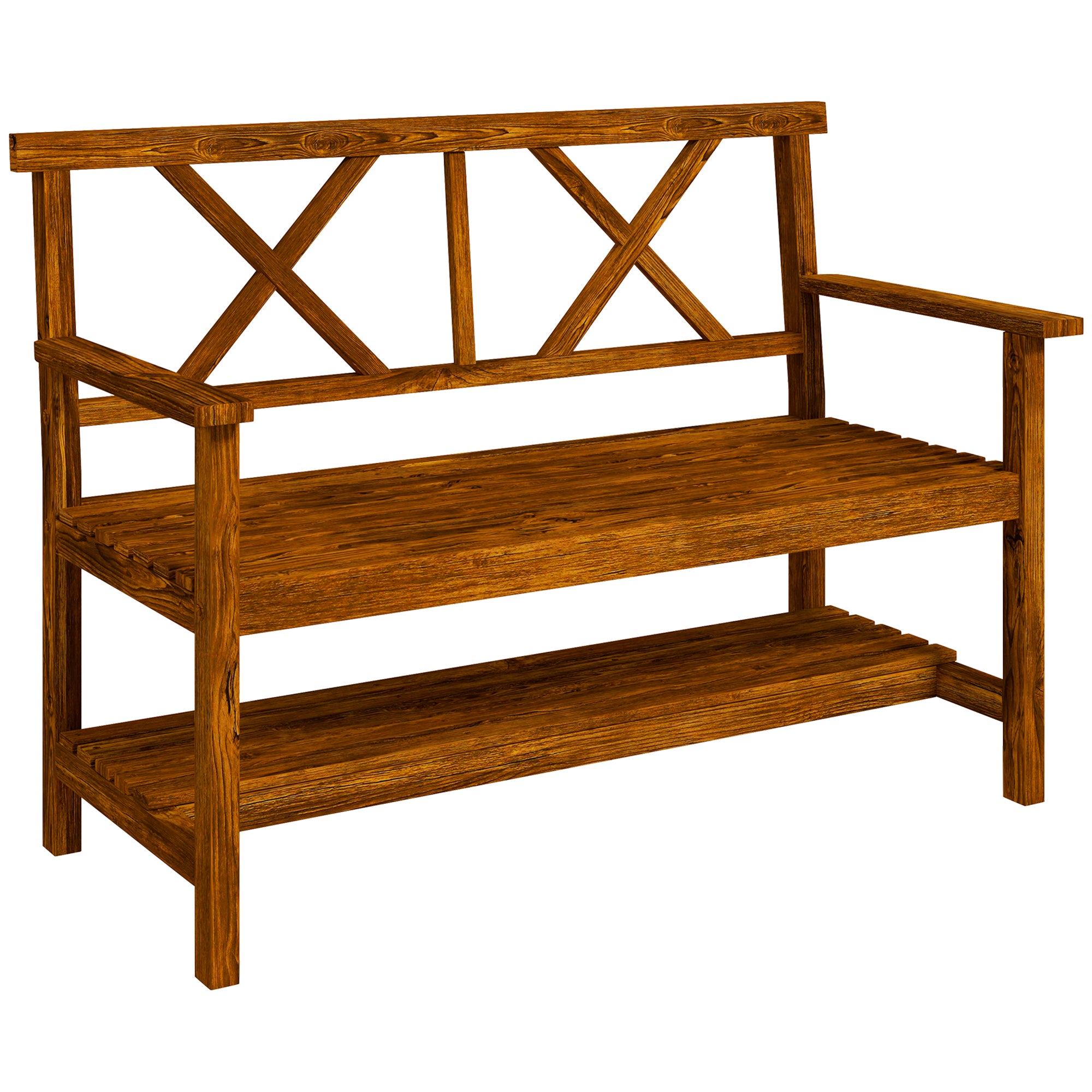 Two-Seater Fir Wood Bench, With Bottom Shelf - Natural