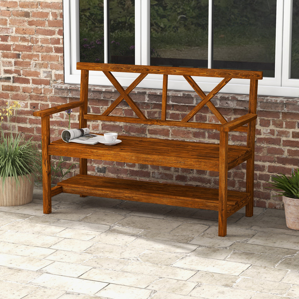 Two-Seater Fir Wood Bench, With Bottom Shelf - Natural