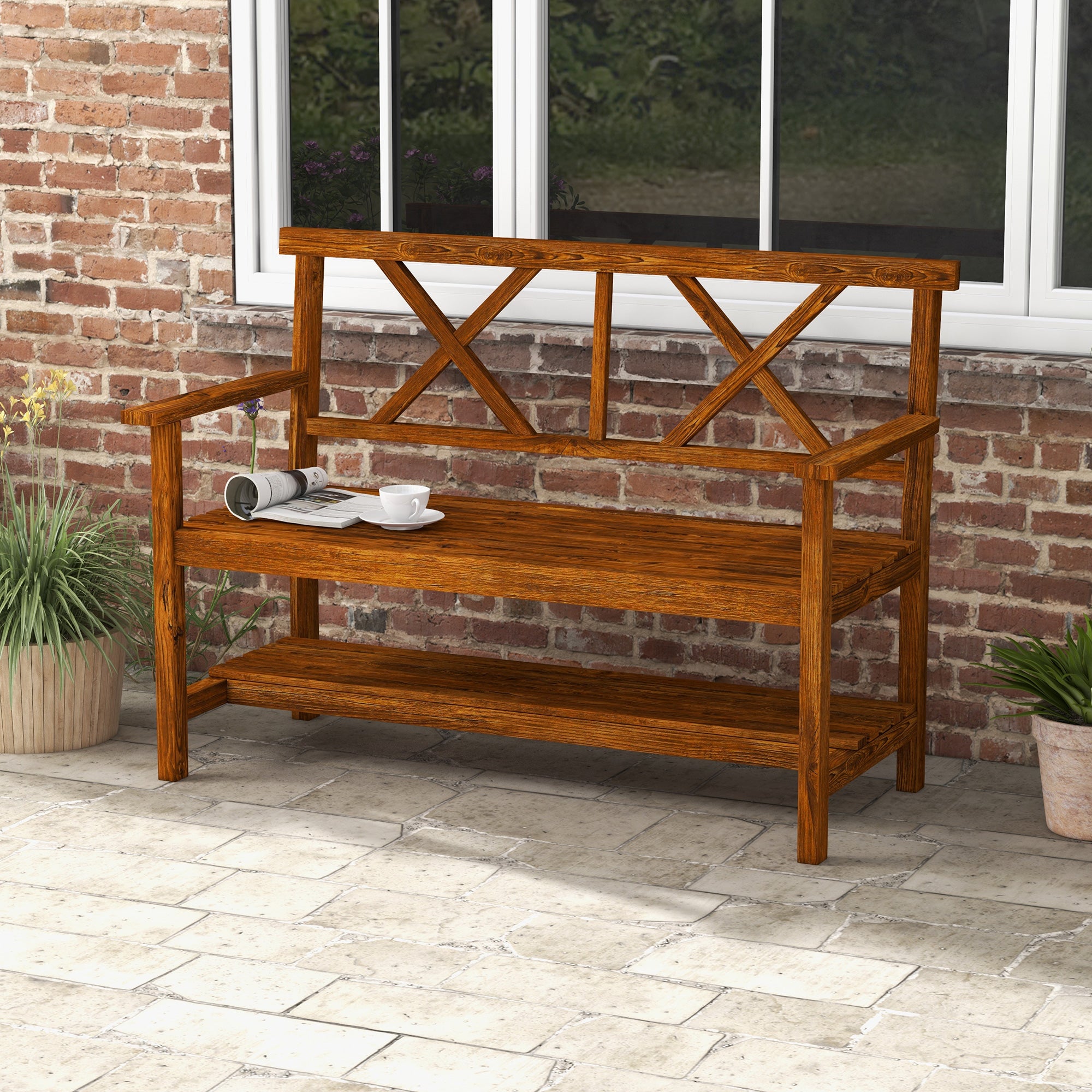 Two-Seater Fir Wood Bench, With Bottom Shelf - Natural