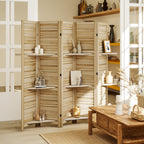 5 Panel 67" Tall Wood Privacy Screen Room Divider With 3 Shelves And Folding Storage For Bedroom, Natural Wood
