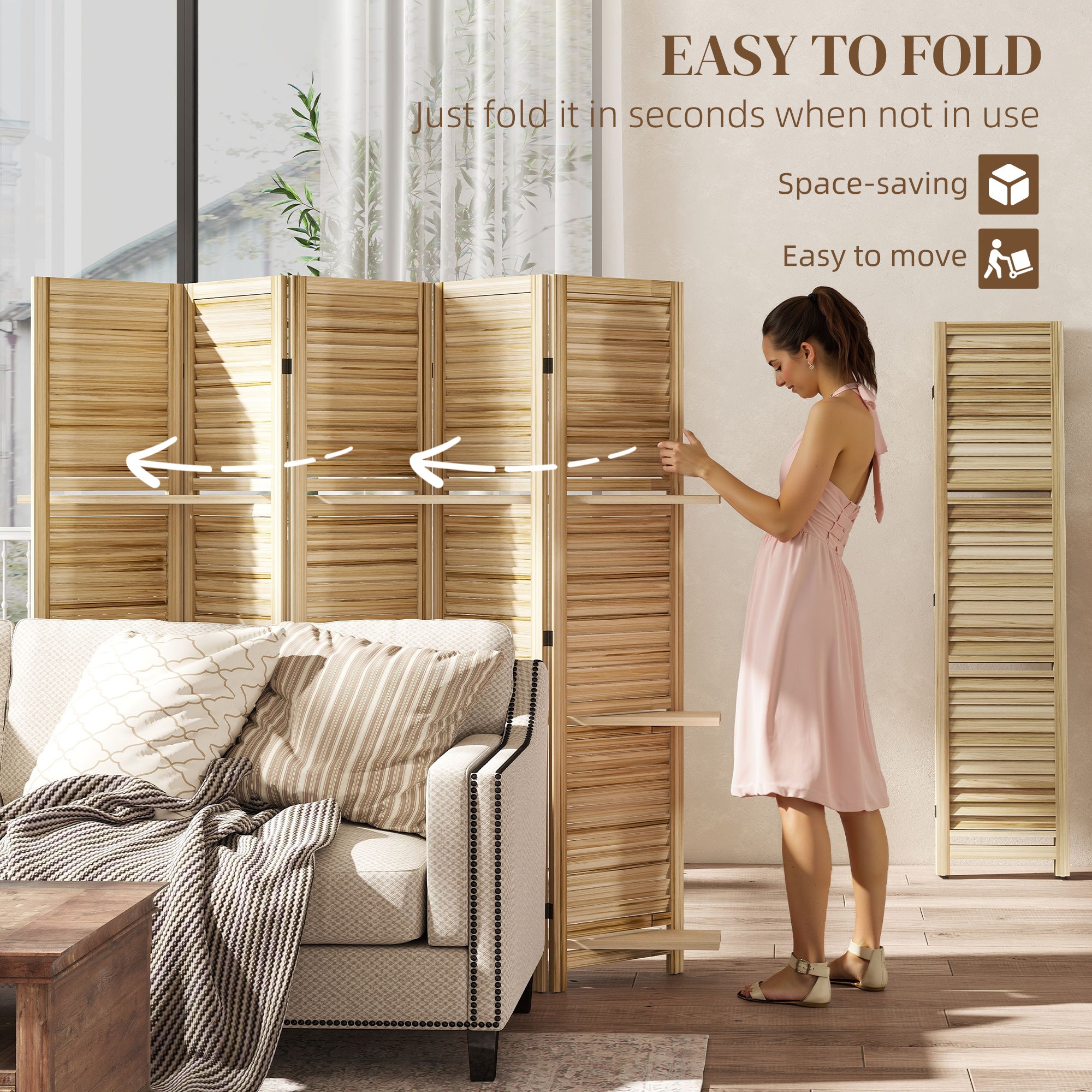 5 Panel 67" Tall Wood Privacy Screen Room Divider With 3 Shelves And Folding Storage For Bedroom, Natural Wood