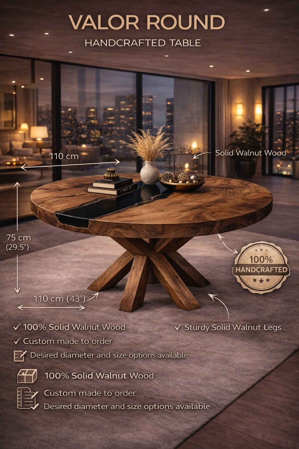 Valor Round – Solid Walnut Black Epoxy Luxury Table