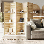 5 Panel 67" Tall Wood Privacy Screen Room Divider With 3 Shelves And Folding Storage For Bedroom, Natural Wood