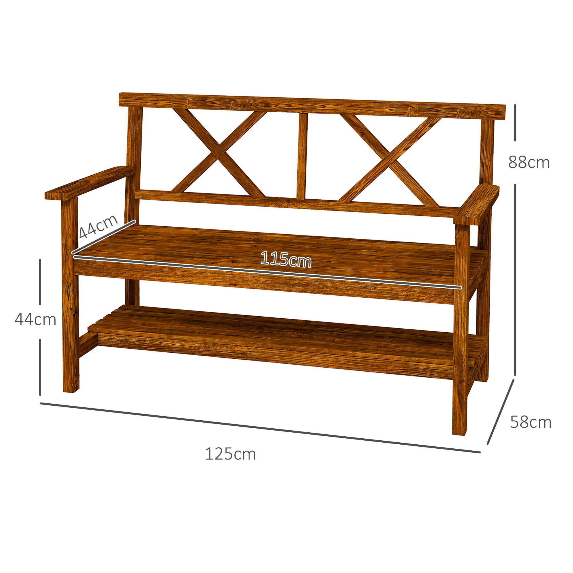 Two-Seater Fir Wood Bench, With Bottom Shelf - Natural