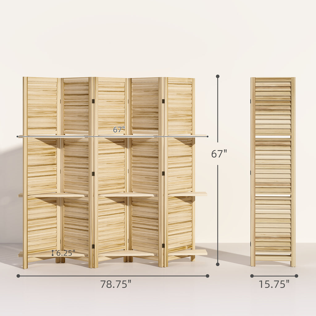5 Panel 67" Tall Wood Privacy Screen Room Divider With 3 Shelves And Folding Storage For Bedroom, Natural Wood