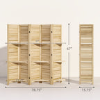 5 Panel 67" Tall Wood Privacy Screen Room Divider With 3 Shelves And Folding Storage For Bedroom, Natural Wood