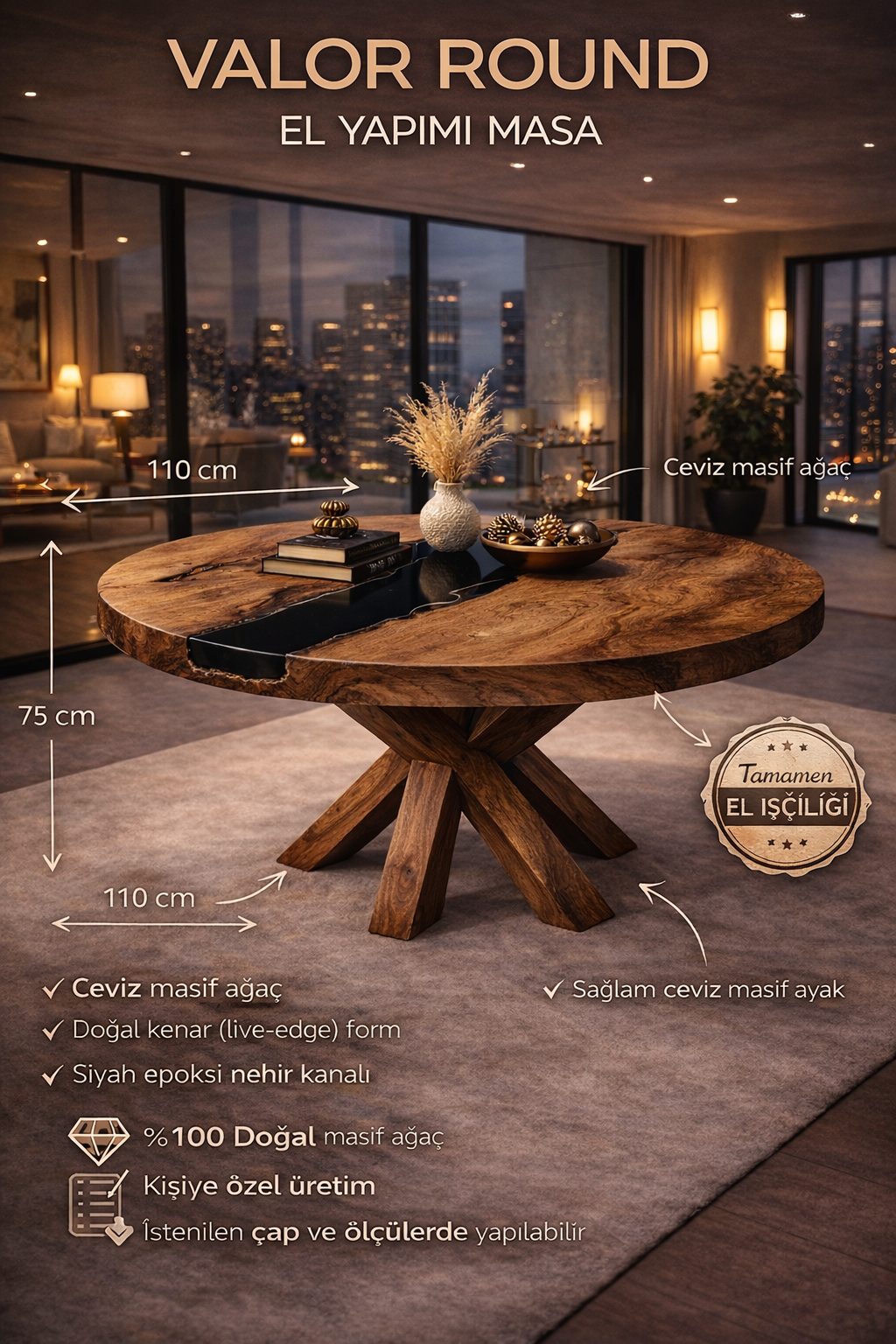 Valor Round – Solid Walnut Black Epoxy Luxury Table