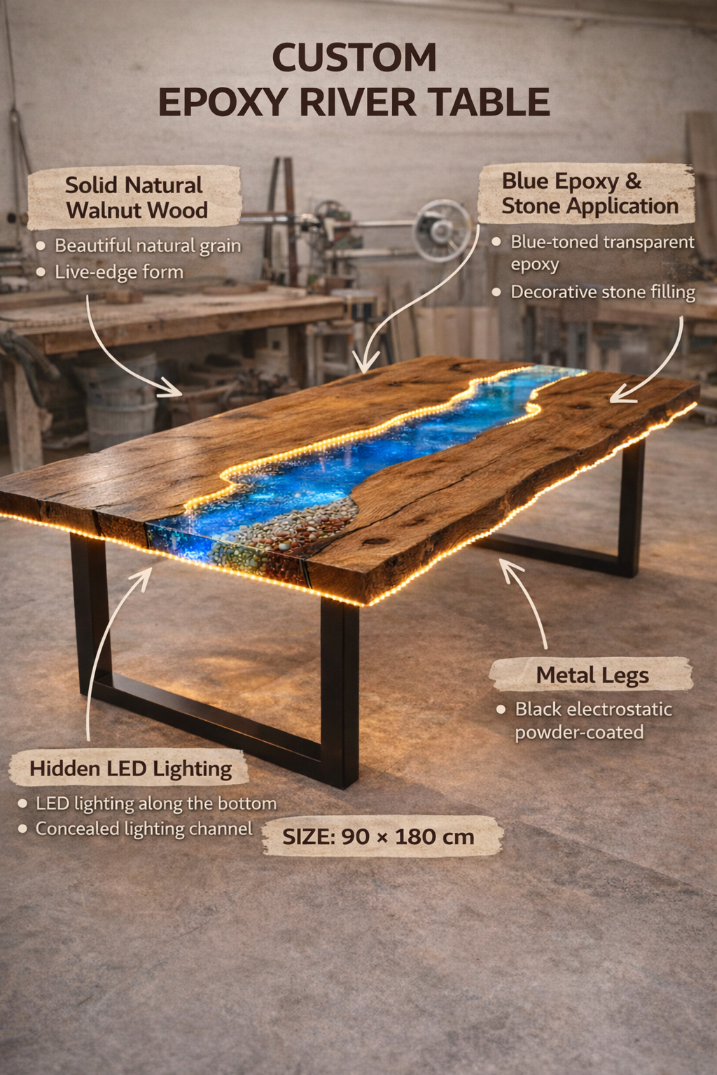 Luna River – Epoxy River Table in Solid Natural Walnut Wood