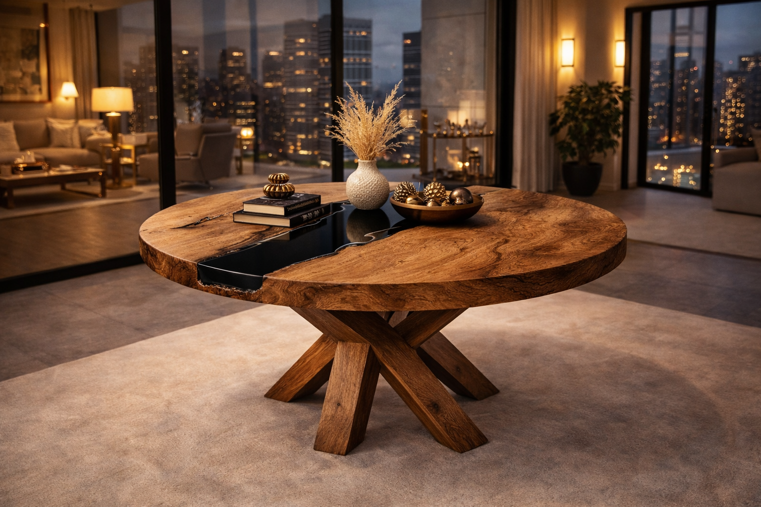 Valor Round – Solid Walnut Black Epoxy Luxury Table