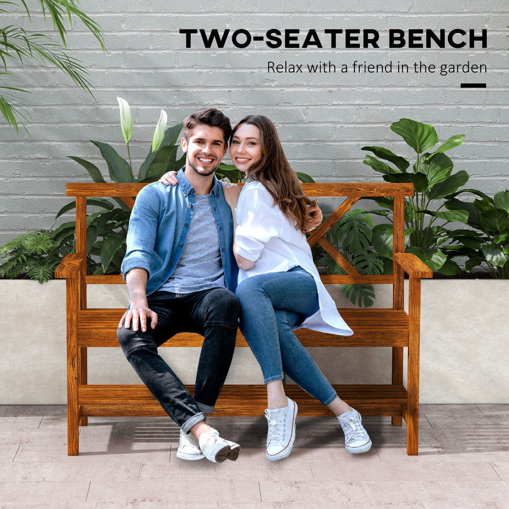 Two-Seater Fir Wood Bench, With Bottom Shelf - Natural
