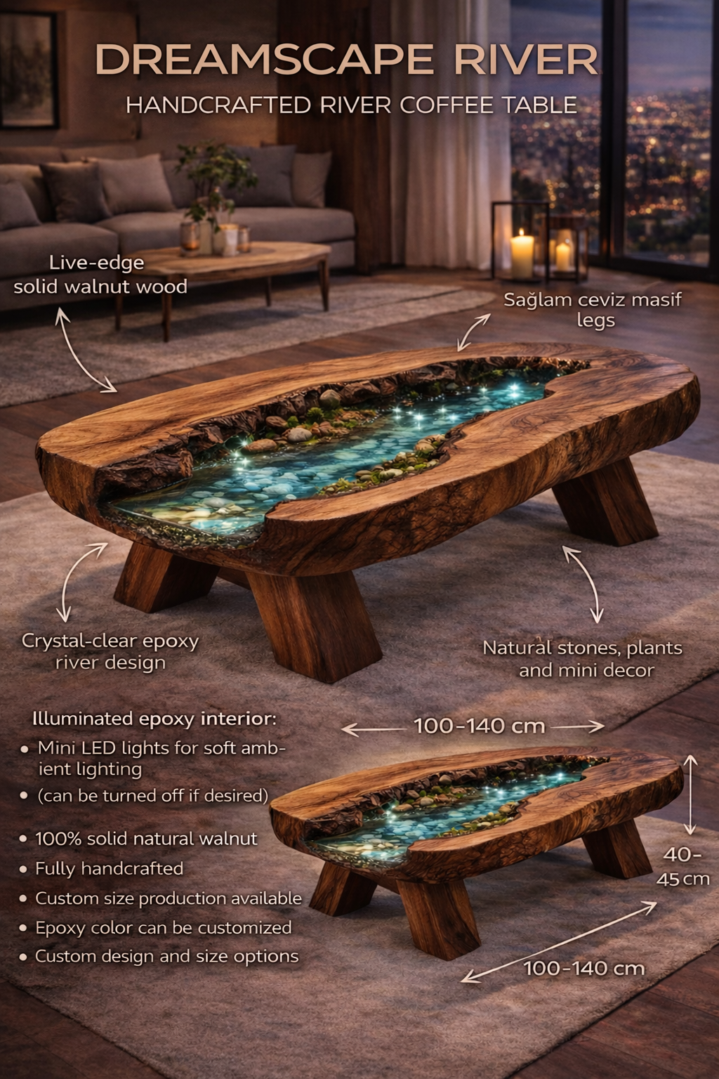 Mystic River – Handmade Solid Walnut Epoxy River Luxury Tabl