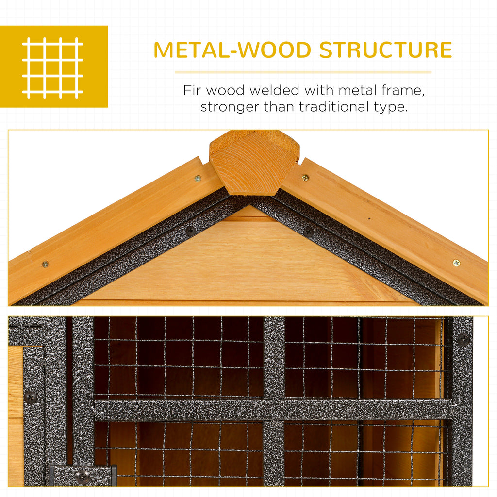Outdoor Rabbit Cage Elevated Pet House W/ Slide-Out Tray, Natural Wood & Black